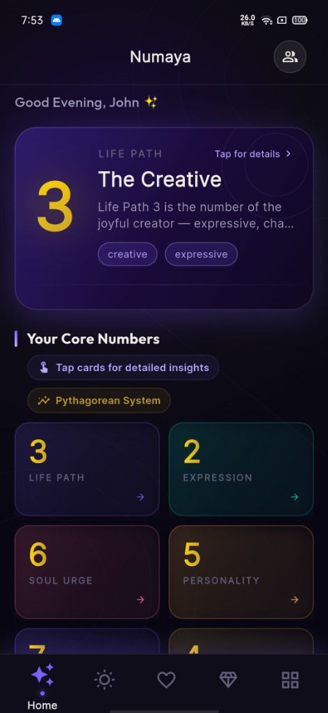 Numaya Home screen showing Life Path 3: The Creative